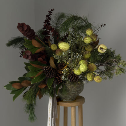 Sequoia & Vase — pine & cones in a winter bouquet