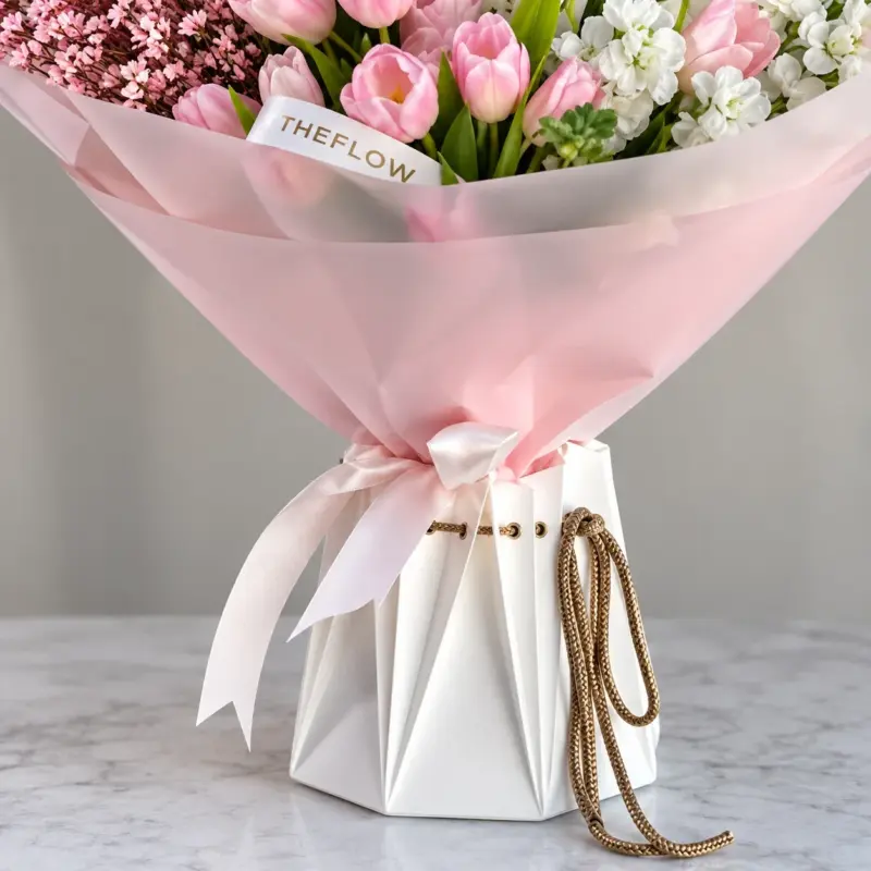 TheFlow bouquet of pink tulips standing in a white aquabox, a disposable vase with water