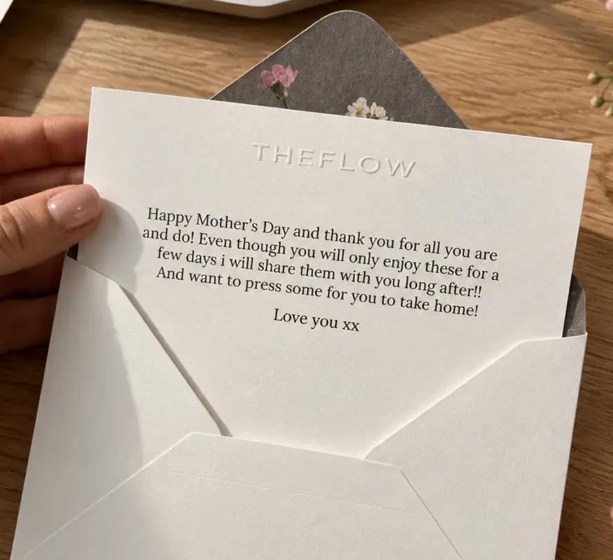 TheFlow card with an embossed logo and a personal message, in a white envelope