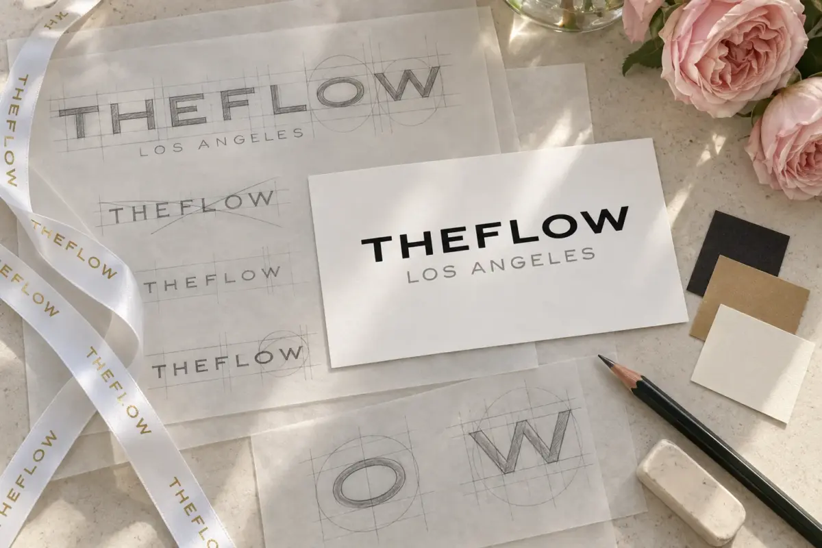 Pencil sketches of the TheFlow wordmark, the final logo card, TheFlow ribbon and brand colours
