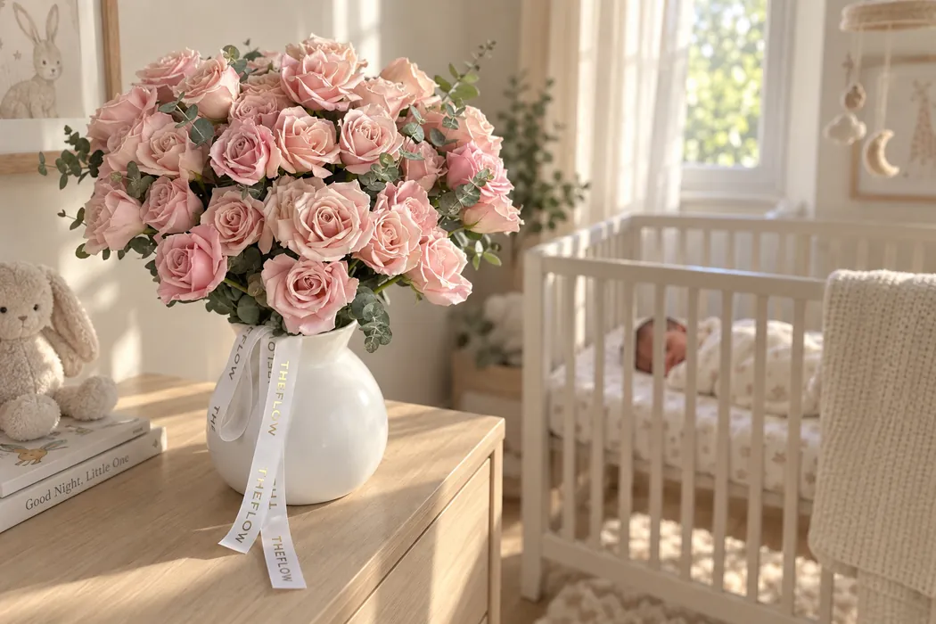TheFlow roses in a vase on a nursery dresser, newborn asleep in the crib